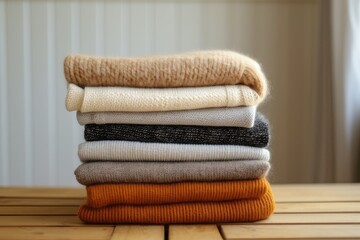 Cashmere clothing piled on a wood table