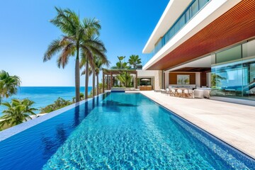 Fototapeta na wymiar Modern beachfront house with pool on ocean shore.