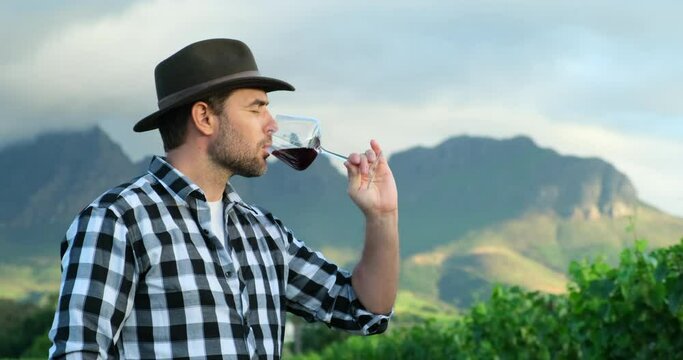 A man, wearing a sun hat, holds a glass of red wine amidst a vineyard, surrounded by lush green grass and plants, under a cloud-speckled sky.