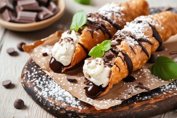 Italian cuisine featuring traditional Sicilian dessert cannoli made with chocolate and ricotta - obrazy, fototapety, plakaty