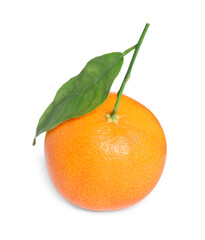 Fresh ripe juicy tangerine with green leaf isolated on white