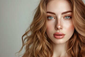 Fototapeta premium Fashionable female model with natural makeup and wavy hair poses for a portrait on a grey background