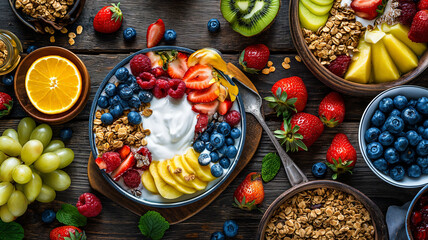 A healthy breakfast spread with fresh fruits yogurt, vegan food, vegan tables