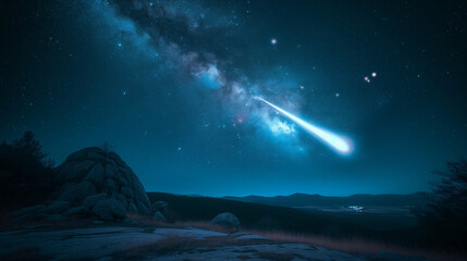 Image of a meteor streaking across the night sky, leaving a dazzling trail of light in its wake, Ai...