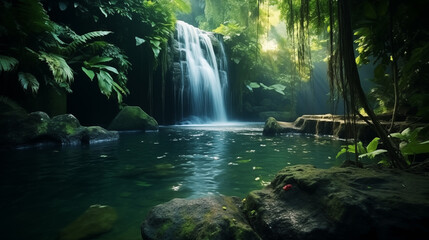 Beautiful waterfall in midle tropical forest wiht natural pool green water