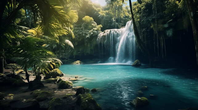 Beautiful waterfall in midle tropical forest wiht natural pool green water