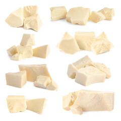 Pieces of tasty chocolate isolated on white, set