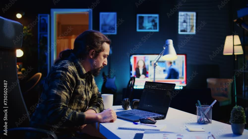 Poster skilled computer scientist writes code on laptop screen while in living room office using programmin