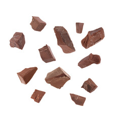 Tasty chocolate chunks falling on white background