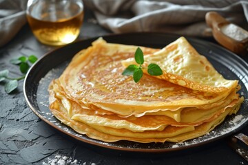 Pancakes on a tray, decorated with mint