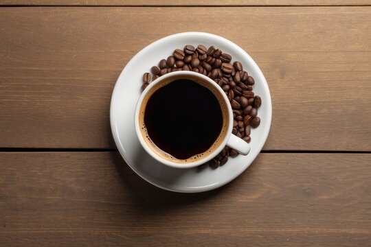 Coffee cup and coffee beans on wooden table, top view