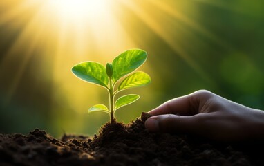 Young plants held by children's hands, illuminated by sunlight against a backdrop of lush green nature, symbolize the eco-friendly concept of nurturing Earth.