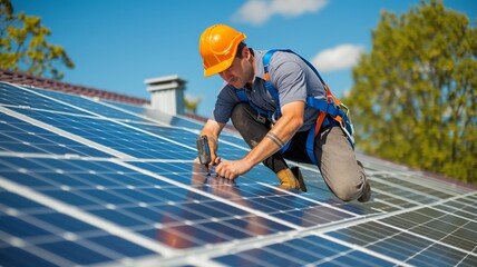Rooftop Solar Panel Installation: Man at Work


