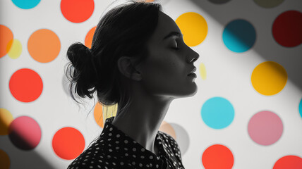 Fashionable beautiful woman front of wall with colored spotted