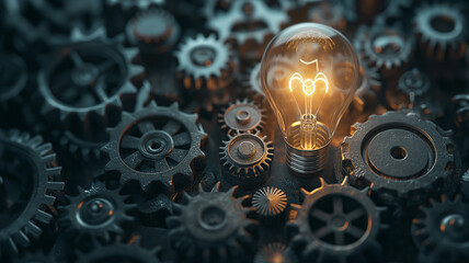 Fototapeta na wymiar Illuminating light bulb and gears, business life concept