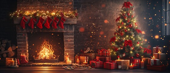 Artistic Christmas Tree and Gifts by Fireplace

