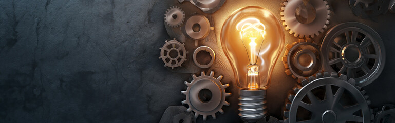 Illuminating light bulb and gears, business life concept - obrazy, fototapety, plakaty