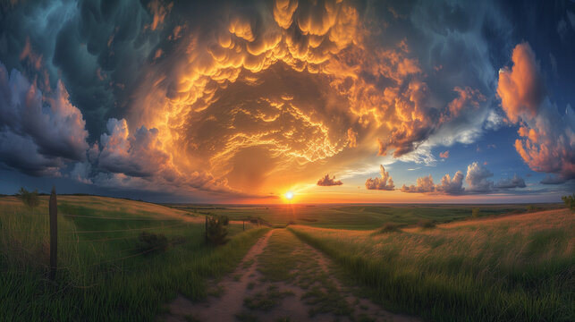 Asperity cloud formations hang low in the sky, with sunset light radiating behind them, Ai Generated Images