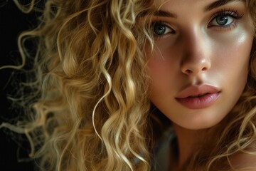 Close up portrait of a beautiful woman with long blond hair in Vogue style against a black background