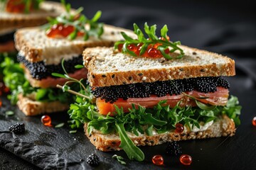 Black caviar sandwiches on black backdrop