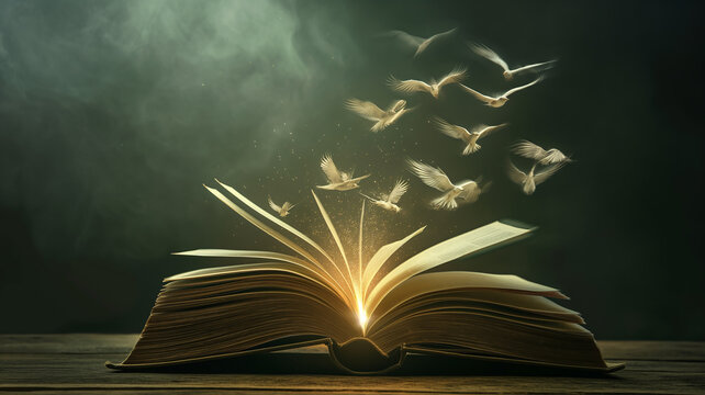 An open book turning into birds, freedom and reading