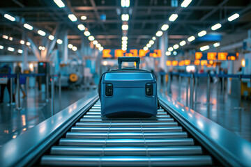 A conveyor belt line at airport is moving suitcases for inspection AI Generation - obrazy, fototapety, plakaty