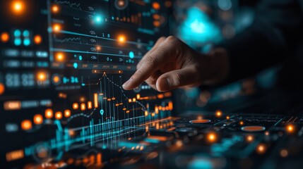 Businessman hand pointing finger to growth success finance business chart of metaverse technology financial graph investment diagram on analysis stock market background with digital economy exchange