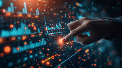 Obraz premium Businessman hand pointing finger to growth success finance business chart of metaverse technology financial graph investment diagram on analysis stock market background with digital economy exchange