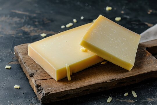 Cheese slices on a dark background with cheddar or kashkaval options