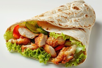 Fried chicken meat and vegetables in a tortilla wrap on a white background