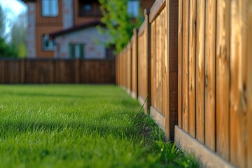 Wooden fence surrounds house Green lawn Street photo no people focused
