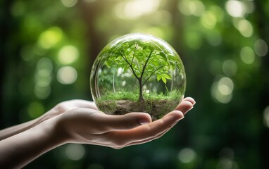     With a blurred green nature background, a hand gently grasps a glass globe containing a growing tree, highlighting the essence of eco-consciousness.

