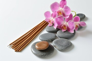 Fototapeta na wymiar Incense sticks stones and flowers on white background
