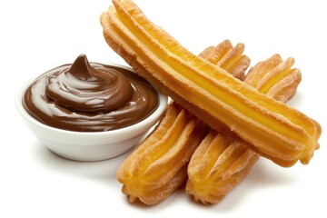 Delicious churros with chocolate dip on a white background