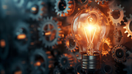 Illuminating light bulb and gears, business life concept