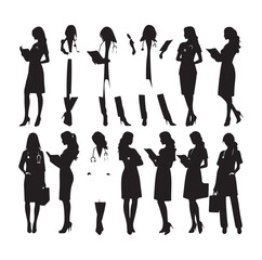 female doctors silhouette vector set. physicians standing in a different position