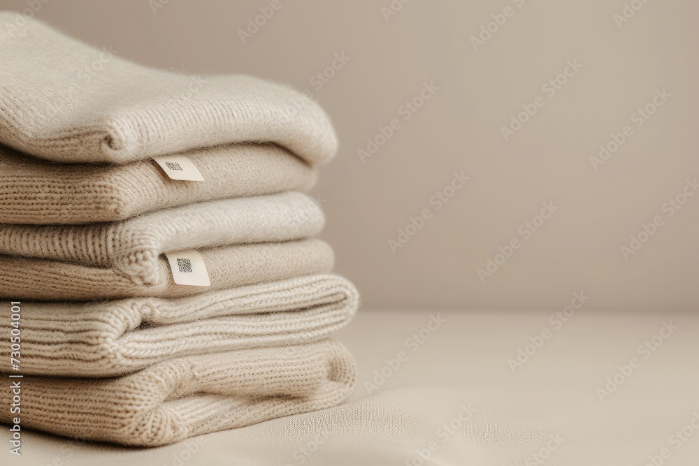 Poster cashmere clothes with label and tag on beige background along with merino wool and organic baby clot