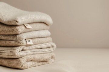 Cashmere clothes with label and tag on beige background along with merino wool and organic baby...
