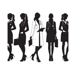 female doctors silhouette vector set. physicians standing in a different position