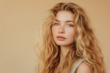 Fototapeta premium Blonde woman with long curly hair photographed in studio with copy space