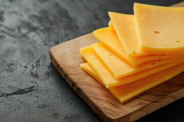 Cheddar cheese slices on a wooden cutting board black background top view with available space