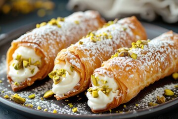 Italian pastry consisting of homemade cannoli filled with ricotta cheese cream and Sicilian pistachios - obrazy, fototapety, plakaty