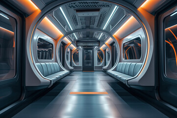 Modern futuristic interior cabin train metro subway in an urban environment AI Generative