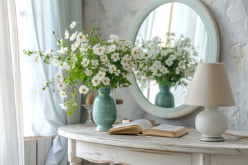 Furnished table with mirror flowers book and lamp next to illuminated wall