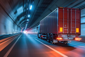 Speeding semi truck hauling cargo going through tunnel Lorry driver maneuvers modern vehicle beneath bridge - obrazy, fototapety, plakaty