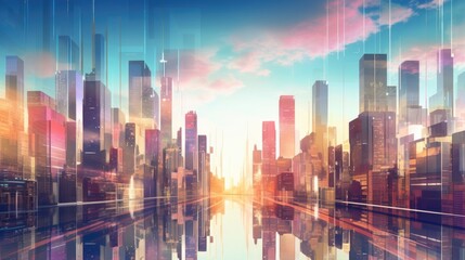 Colorful, contemporary cityscape with futuristic touches, showcasing urban development. - obrazy, fototapety, plakaty