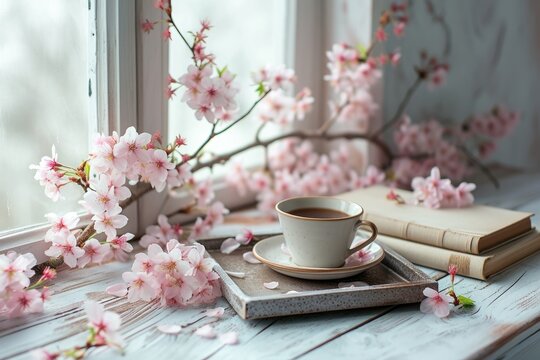 Vintage feminine styled photo featuring a floral composition with pink sakura and cherry tree blossoms on a table near a window