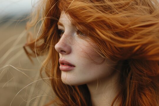 Redhead girl with messy wavy hair facing wind outdoor