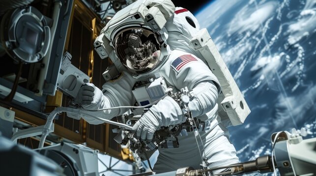 A space station astronaut performs a spacewalk while working in outer space.