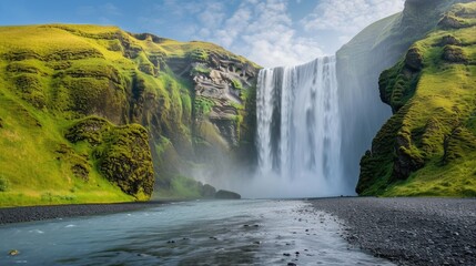 Stunning summer landscape in Iceland's countryside showcasing the magnificent Skogafoss Waterfall. - obrazy, fototapety, plakaty